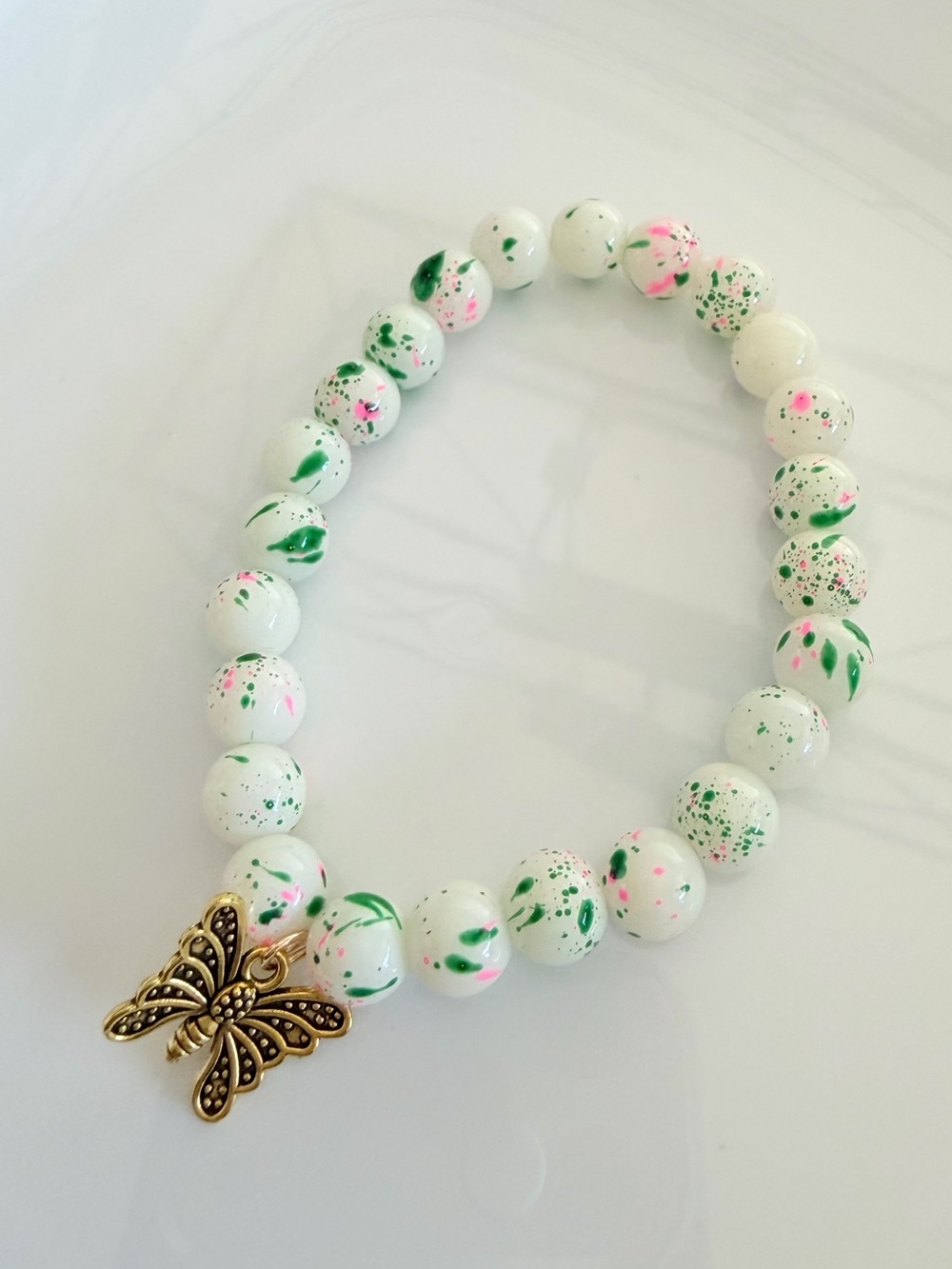 White Speckled Beaded Bracelet with Gold Butterfly Charm Handmade Jewelry